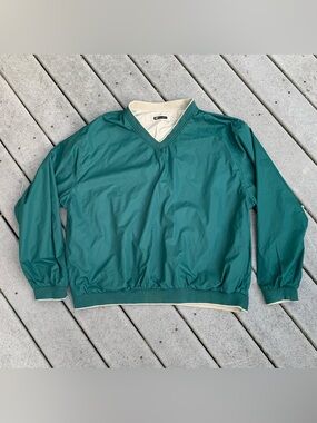Vintage V-Neck Pullover Windbreaker | Reversible Green Lightweight Golf Jacket